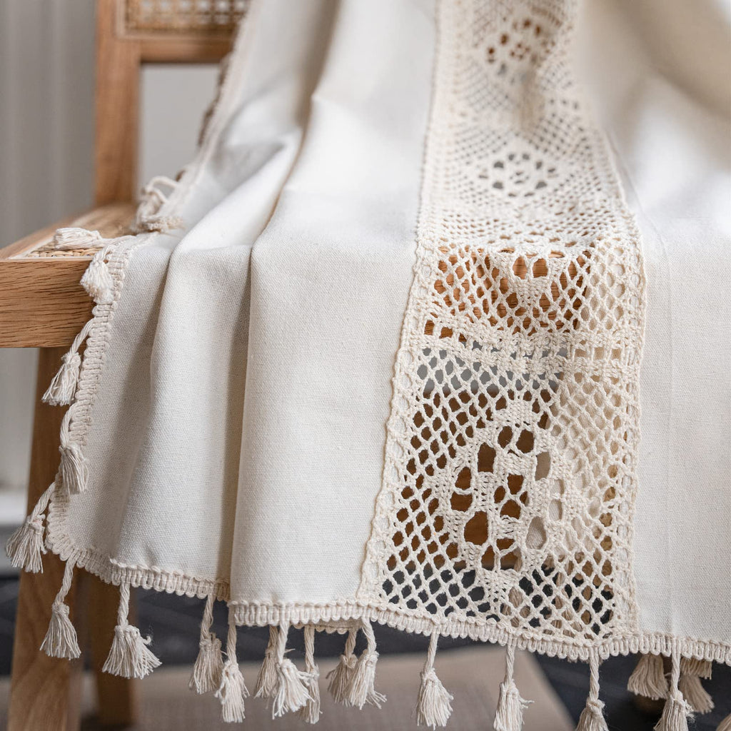Boho Curtain Crochet Lace Patchwork Semi-Blackout Bohemian Handmade Tassels, Rod Pocket Window Treatment Vintage