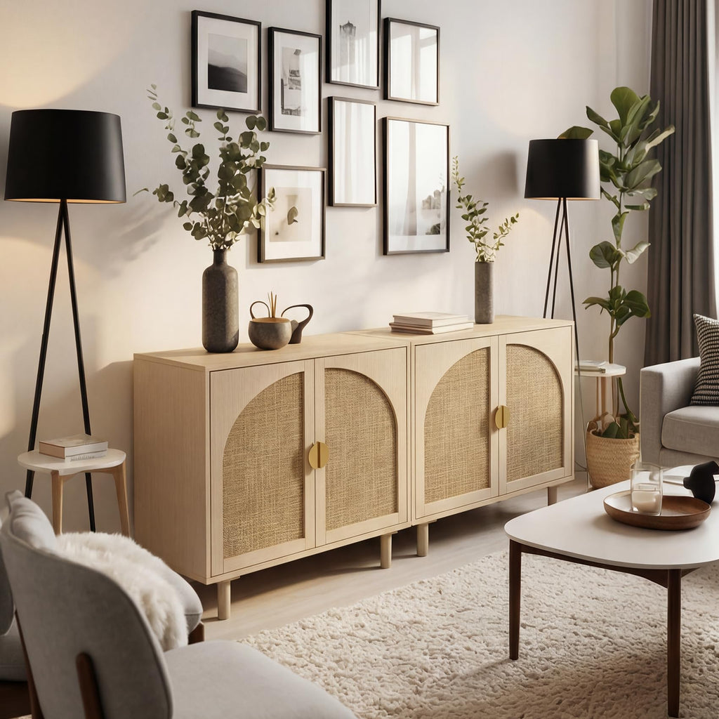 4 Doors Boho Rattan Storage Sideboard Cabinet, Kitchen Buffet, Beige, 2pcs.