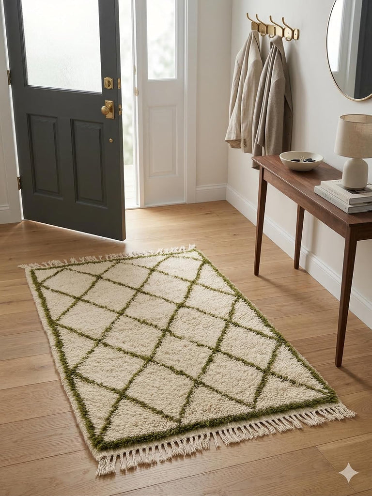 Handmade Moroccan Berber Area Rug 3' x 5', 100% Wool High Pile Shag, Beni Ourain Style, Ivory/Cream with Green
