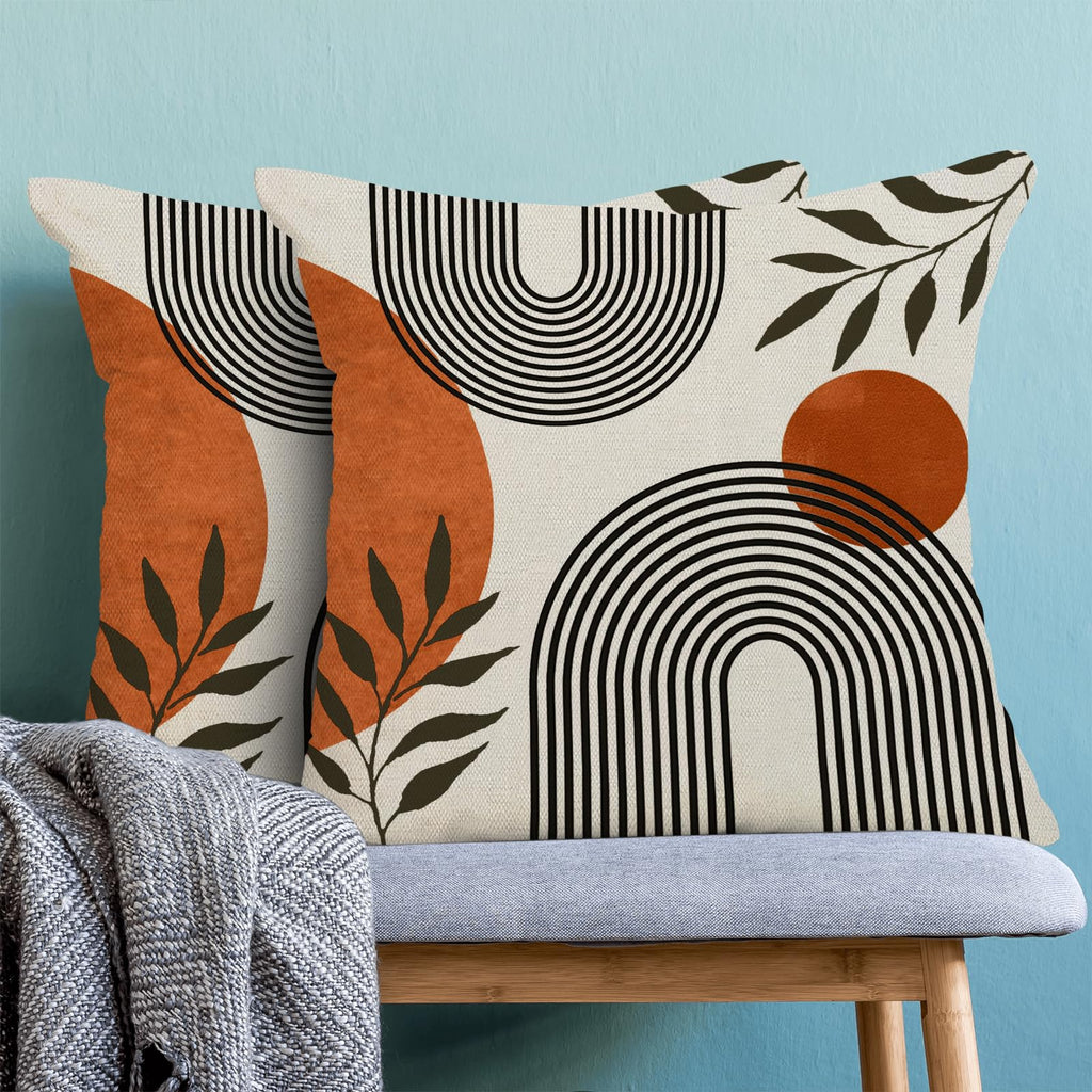 Boho Fall Pillow Covers 18x18 Inch 2 Pcs, Burnt Orange Tropical Leaf Outdoor Decorative Throw Pillows, Mid Century