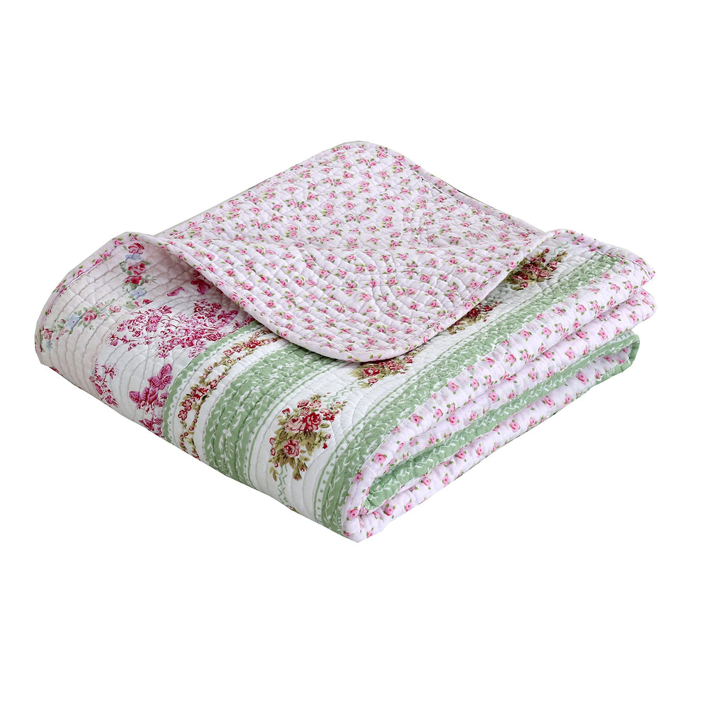 Floral Striped Floral Print Pattern Reversible 100% Cotton Quilted Throw Blanket 60" x 50" Machine Washable and