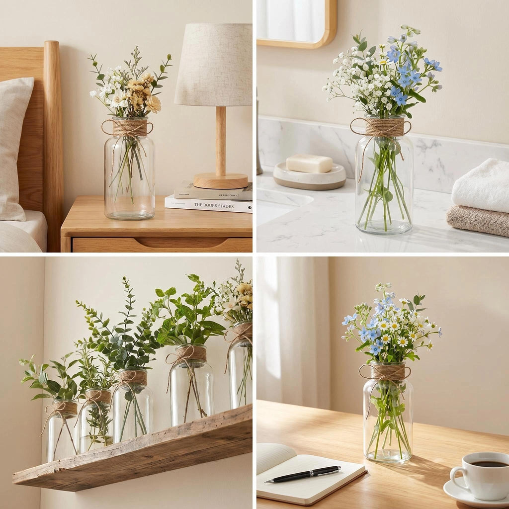 Clear Glass Vase Set, Hemp Rope Bowknot Decoration, Rustic Rustic Style Table Top for Wedding Flower Arrangement, Set