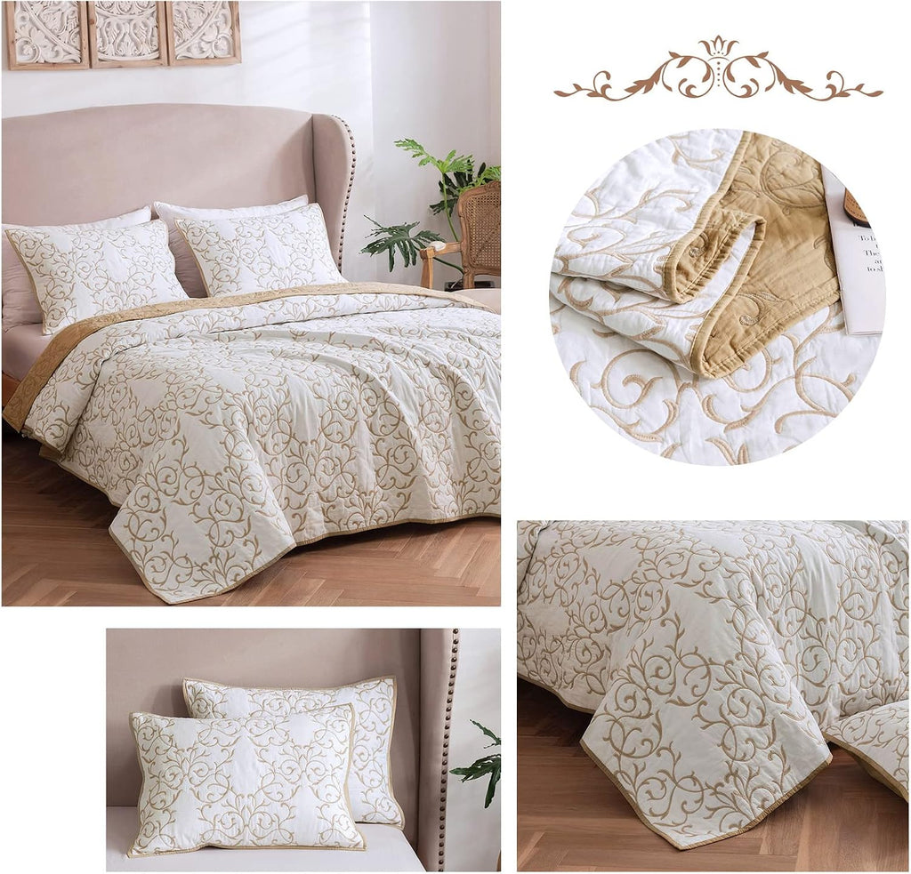 King Quilt Set 3-Piece, Cotton Blend Reversible Bedspread, Elegant Beige Embroidery Pattern Coverlet with 2
