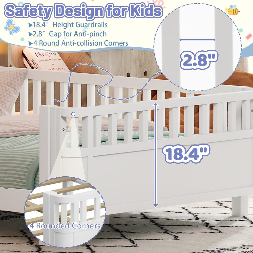 Bed Frame for Kids with Rails, Low Profile Montessori Bed with Detachable Side Rail, Solid Pine Wood Kids