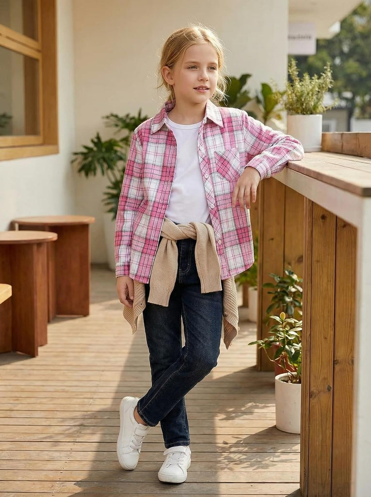 Girls Long Sleeve Flannel Buffalo Plaid Button Down Shirt