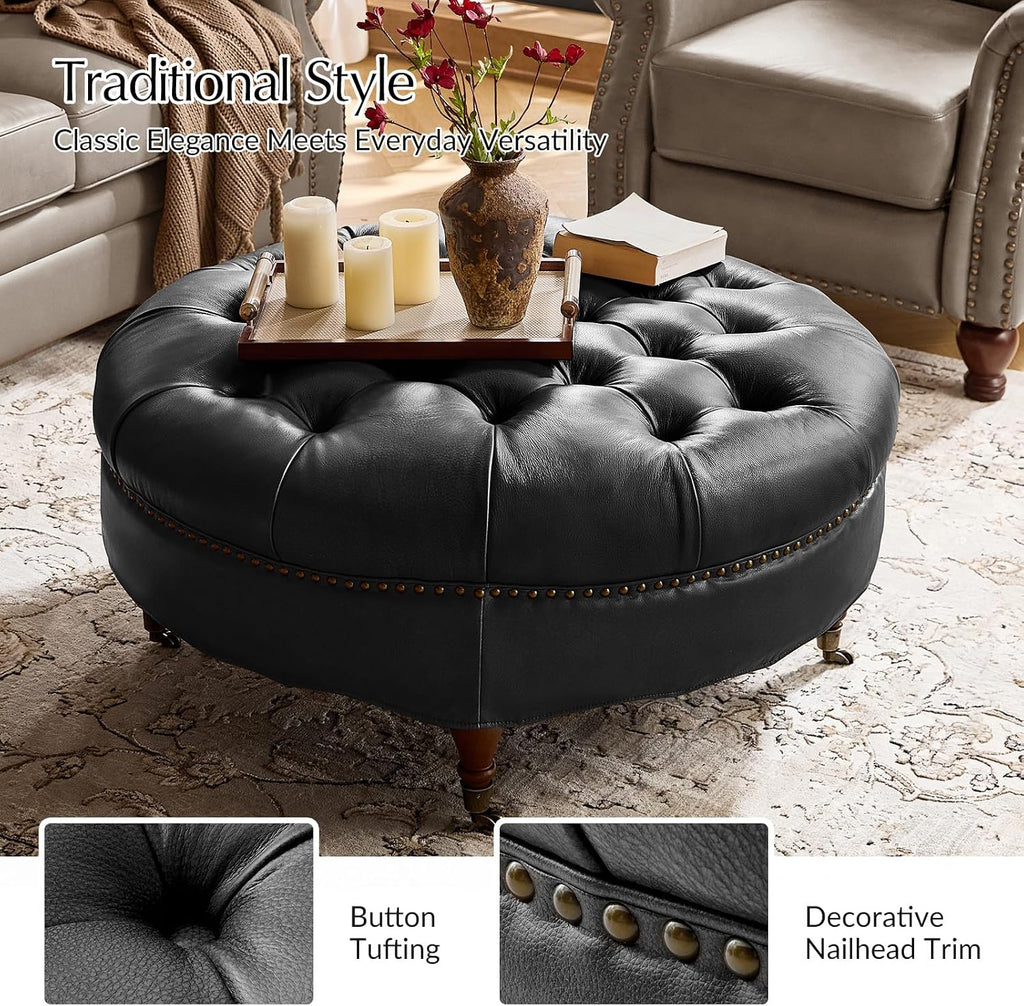 40" Genuine Leather Coffee Table with Rolling Wheels, Black | Large Round Button Tufted Coffee Table with Solid Wood