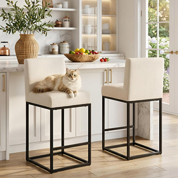 Linen 27 inches Counter Height Bar Stools with Padded Back, Modern Upholstered Counter Stool Chairs with Black Metal