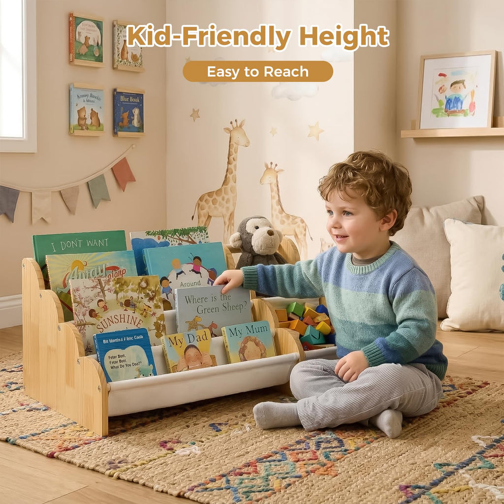 4-Tier Wooden Bookshelf with Storage, Front-Facing Sling Bookcase Organizer with Wavy Edge, Perfect for Playroom