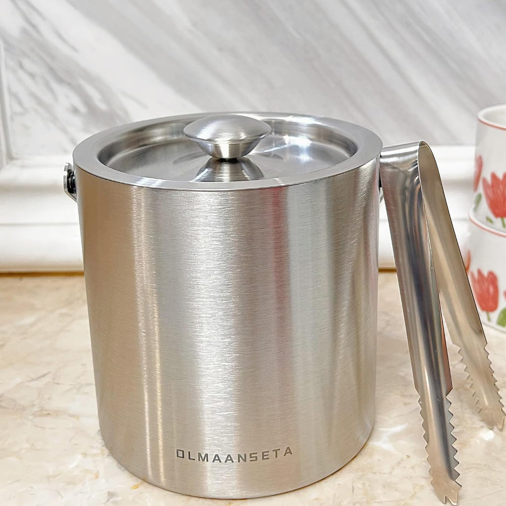 Small Ice Bucket with Lid and Tongs,1.3L Portable Mini Double Walled Ice Cube Bucket for Cocktail Bar Stainless Steel