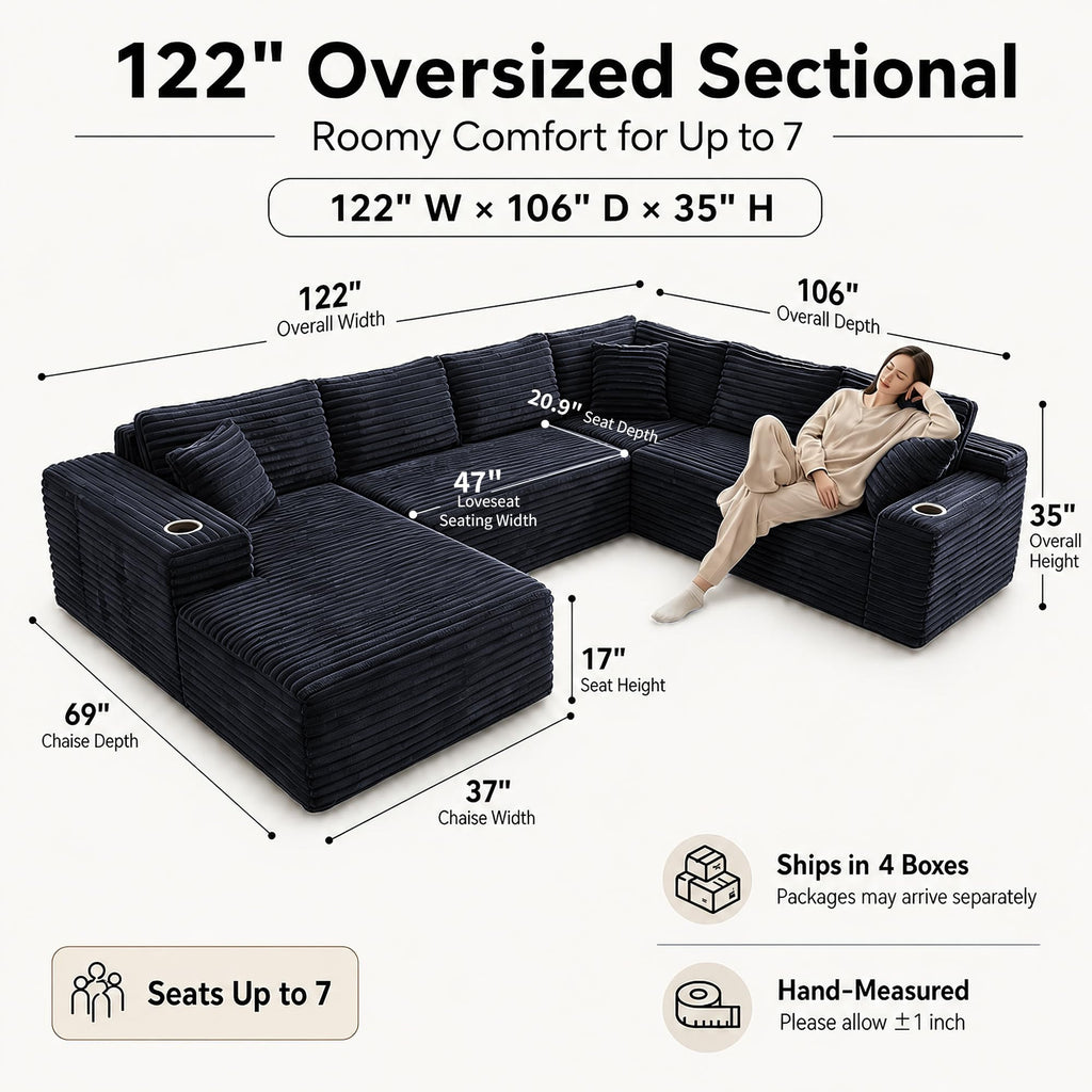 122" Oversized Cloud Sectional Couch, 7 Seater U Shaped Sofa Modular Boneless Couch with Chaise | Deep Seater | Cup