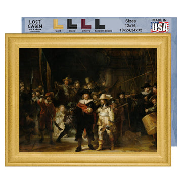 Cabin The Night Watch by Van Rjin Rembrandt | Canvas in Gold Beveled Frame | Fine Artwork Painting Reproduction