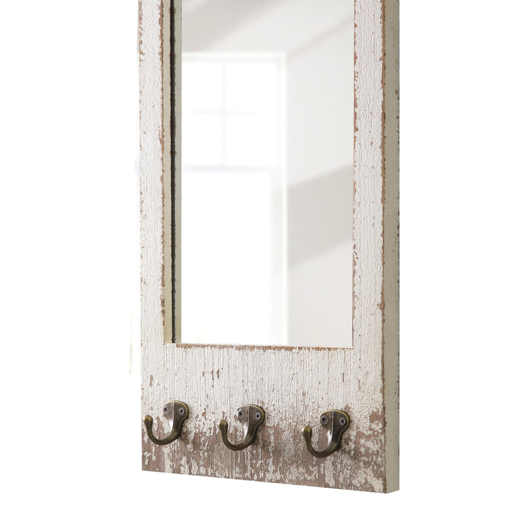 Farmhouse Entryway Mirror with 3 Hooks, 26 X 10 Inch