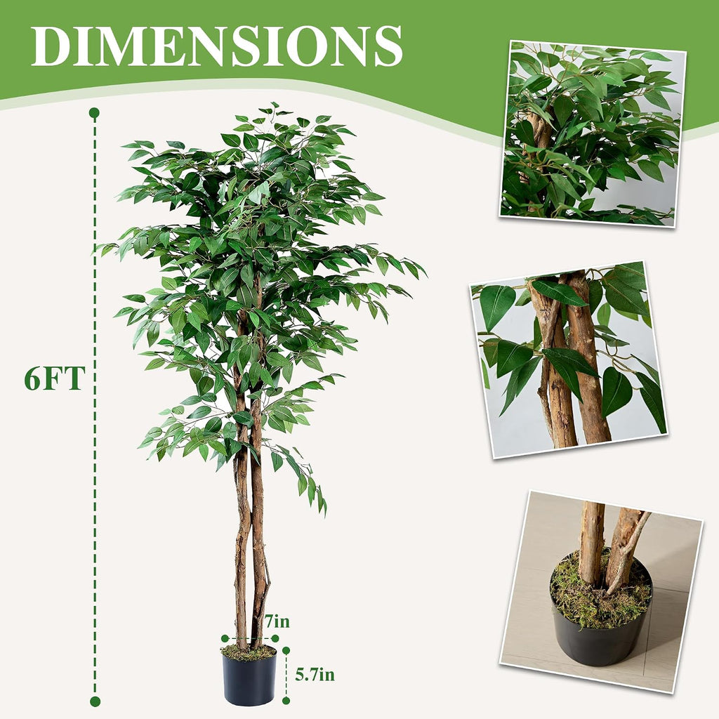 Ficus Tree Artificial 6 Feet, Tall Faux Tree in Pot, Fake Floor Plant with Realistic Tree Branch & Silk Leaves Indoor