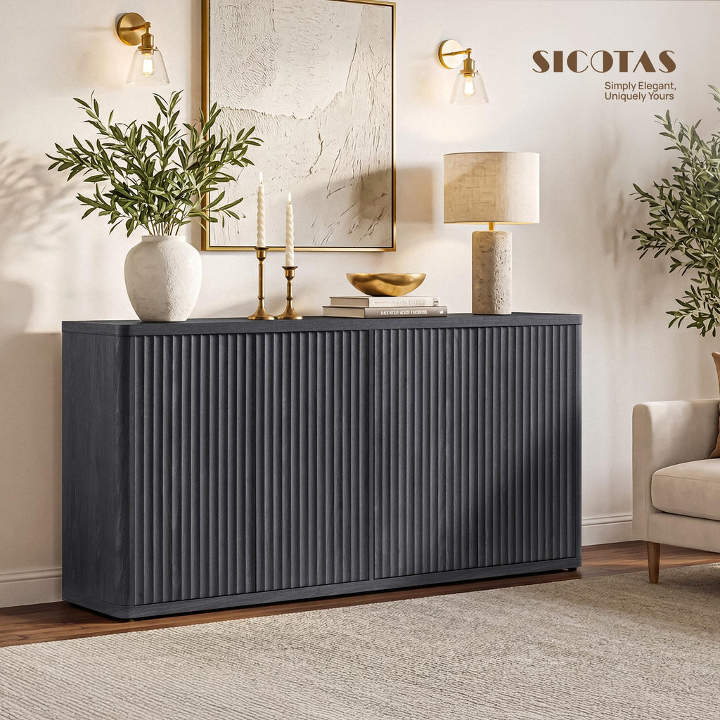 Buffet Cabinet with Storage Accent Sideboard with 4 Doors 66.3" Wide Fluted Credenza Modern Buffet Table Media