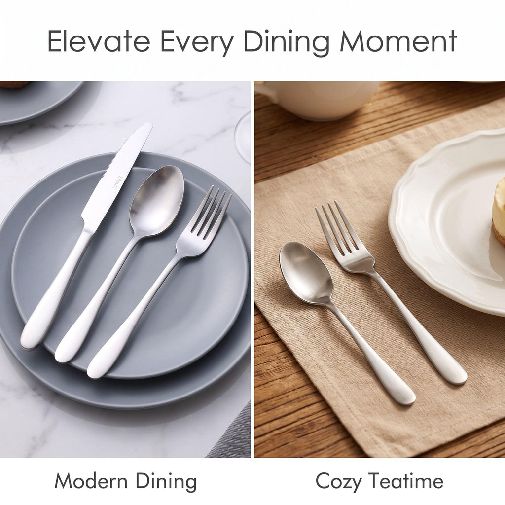 20-Piece Silverware Set & Flatware Set, Hammered Square Handle Silver Stainless Steel Service for 4, Matte Satin