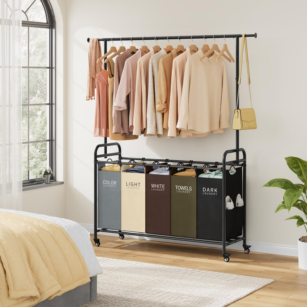 Laundry Sorter Cart with Hanging Rack, 5 Section, 5 Colors