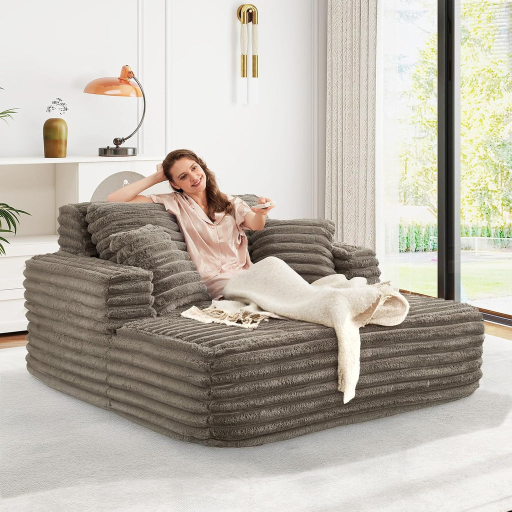 56" Oversized Chaise Lounge Chair Indoor,Plush Faux Fur Sleeper Sofa Couch Bed with Pillows&Wide Armrests,Fluffy