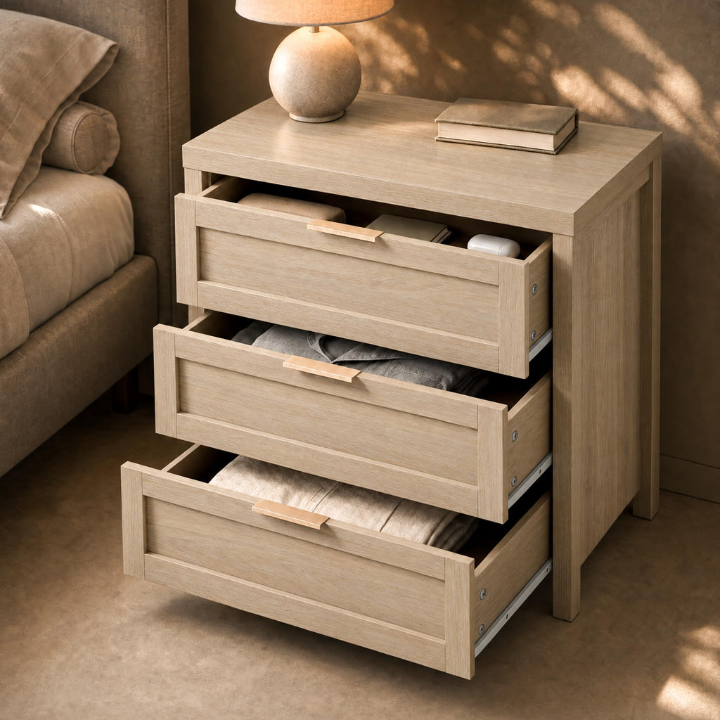 Nightstands Set of 2, 3 Drawer Bedside Table, Light Weathered Oak