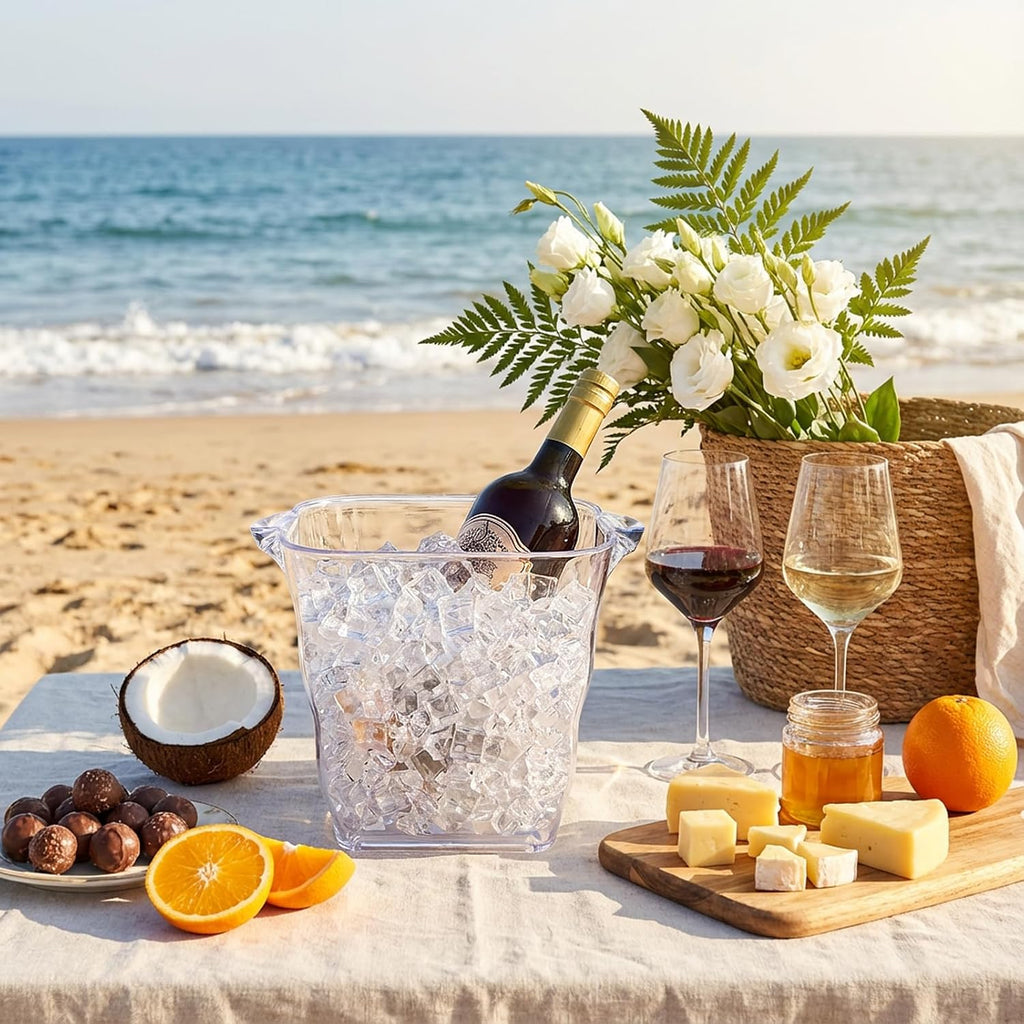 Square Ice Bucket, 4 Liter Plastic Champagne Bucket for Parties, Clear Beverage Tub with Handle Outdoor Bars, Patio