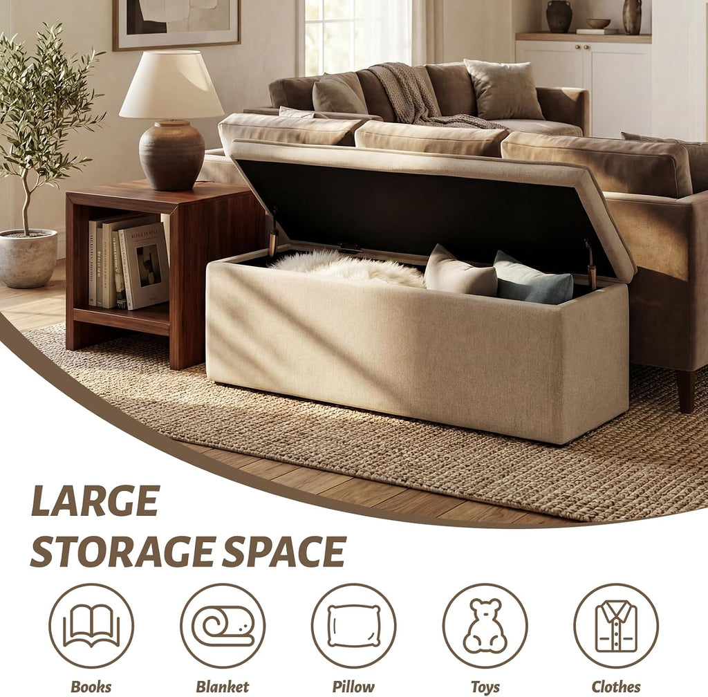 Modern Storage Bench, Upholstered Storage Ottoman Chenille Fabric with Seating Entryway Bench Living Room, Oatmeal