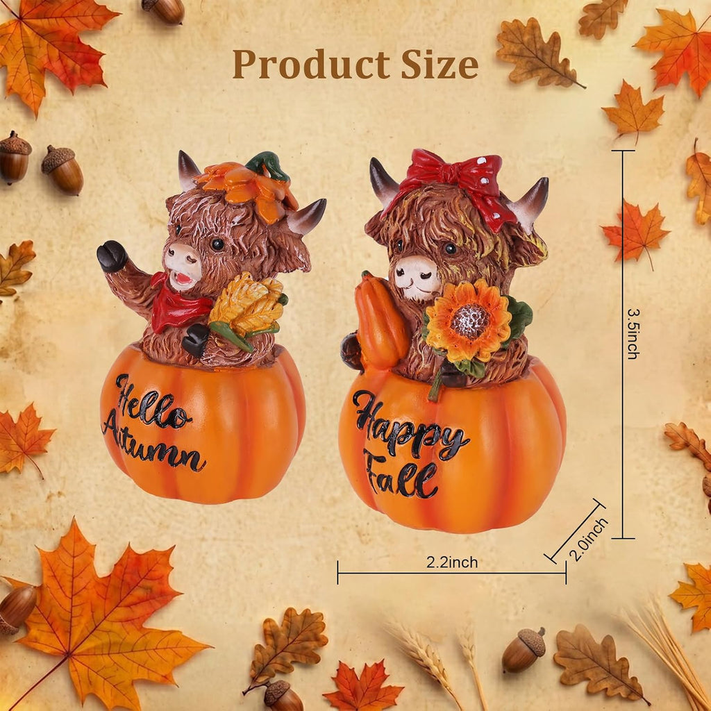 Fall Decorations, Resin Highland Cows Figurines for Fall Decor, Rustic Pumpkin Harvest Ornaments - Set of 2