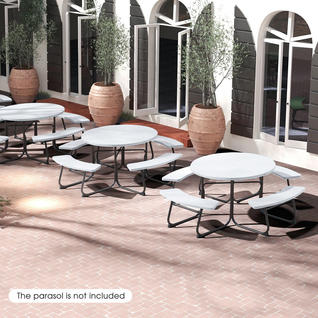 Picnic Table Set for Up to 8 Persons, Round Outdoor Table and Bench Set with Umbrella Hole, HDPE Top & Metal Frame
