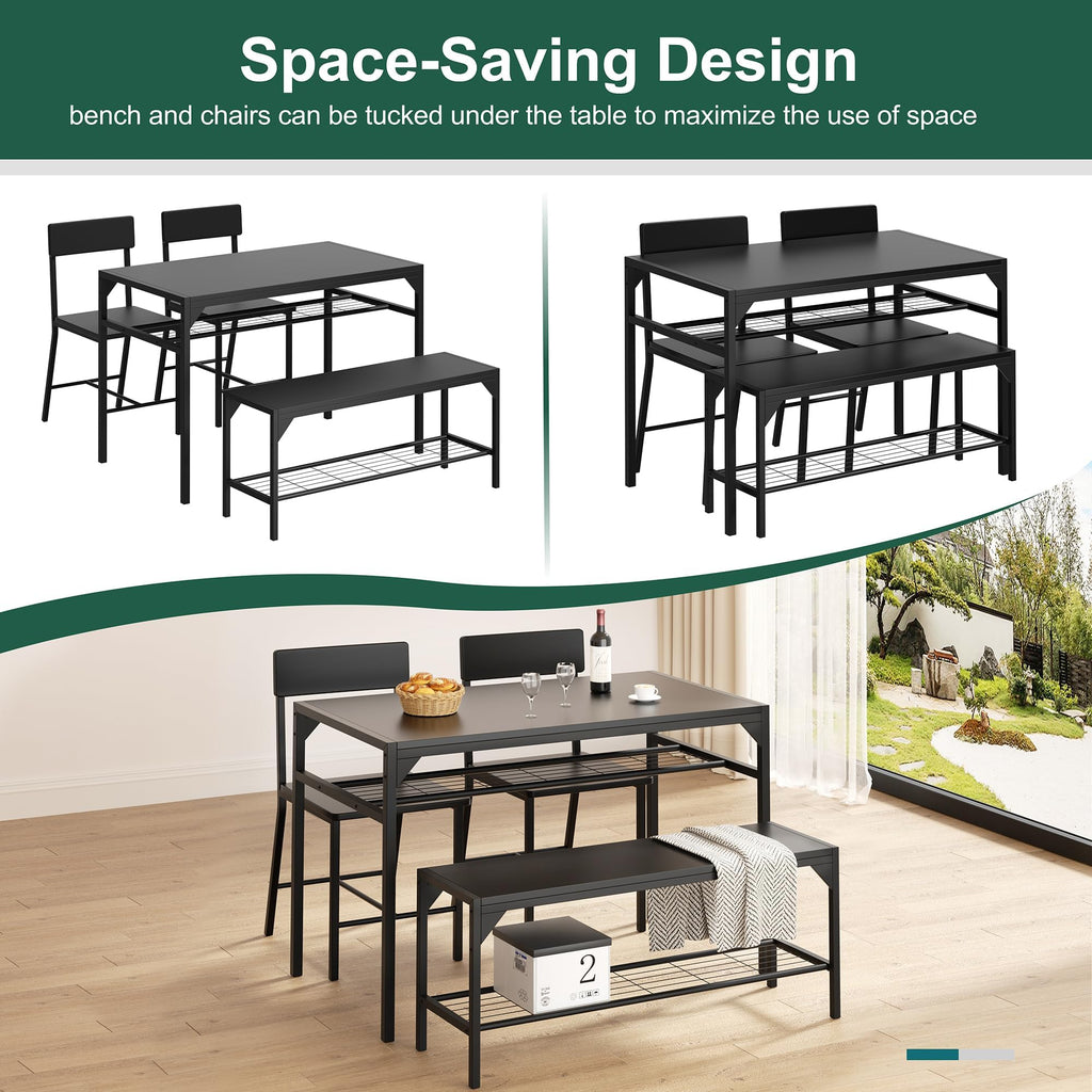 Dining Table Set for 4 with Bench and Chairs, Black