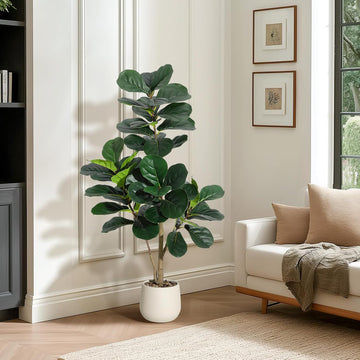 4 ft Fiddle Leaf Fig Tree Artificial with 48 Leaves - Realistic Faux Ficus Lyrata Trees in 7.8 in White Planter Pot
