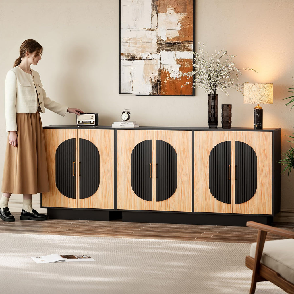 87" Fluted Modular Buffet Cabinet with Arched Doors & Gold Handles, Mid Century Modern Sideboard Credenza Storage