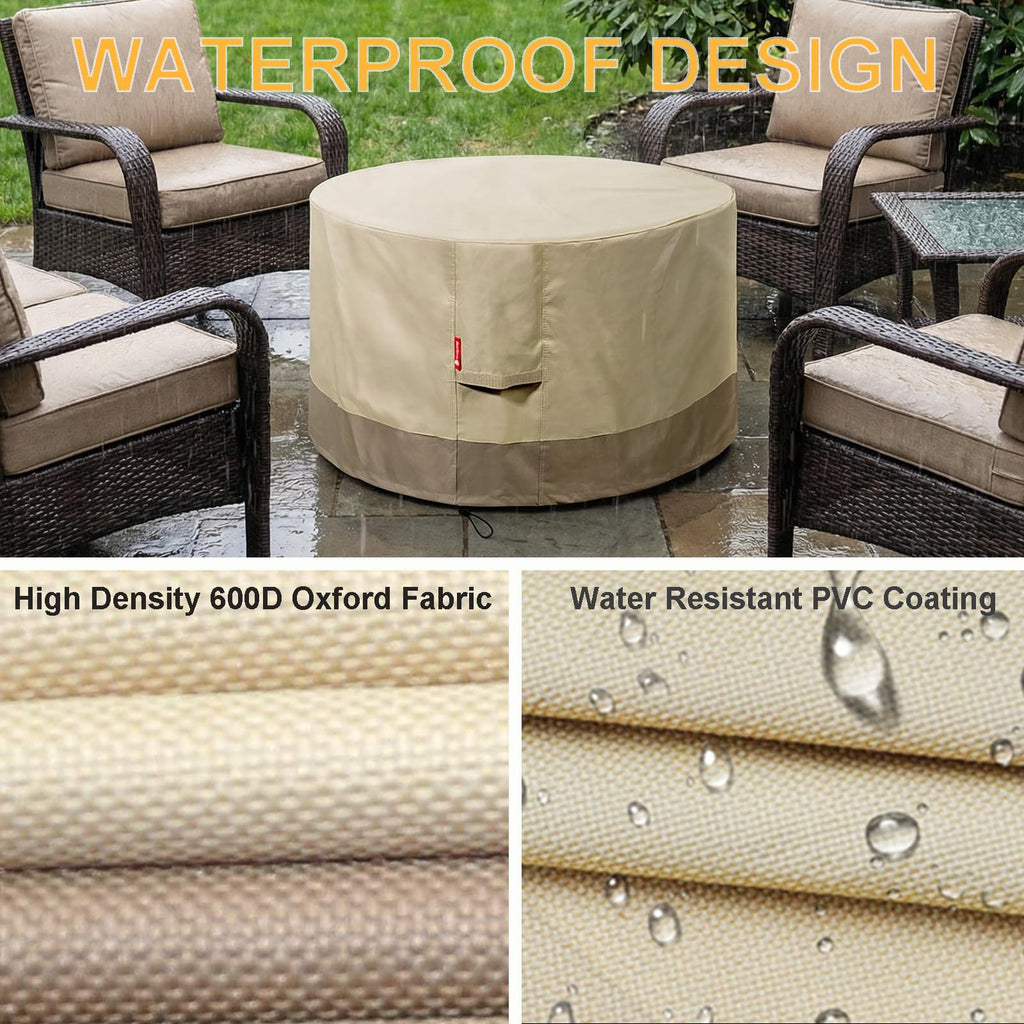 Fire Pit Cover Round 50" D x 24" H, Waterproof 600D Material, Beige