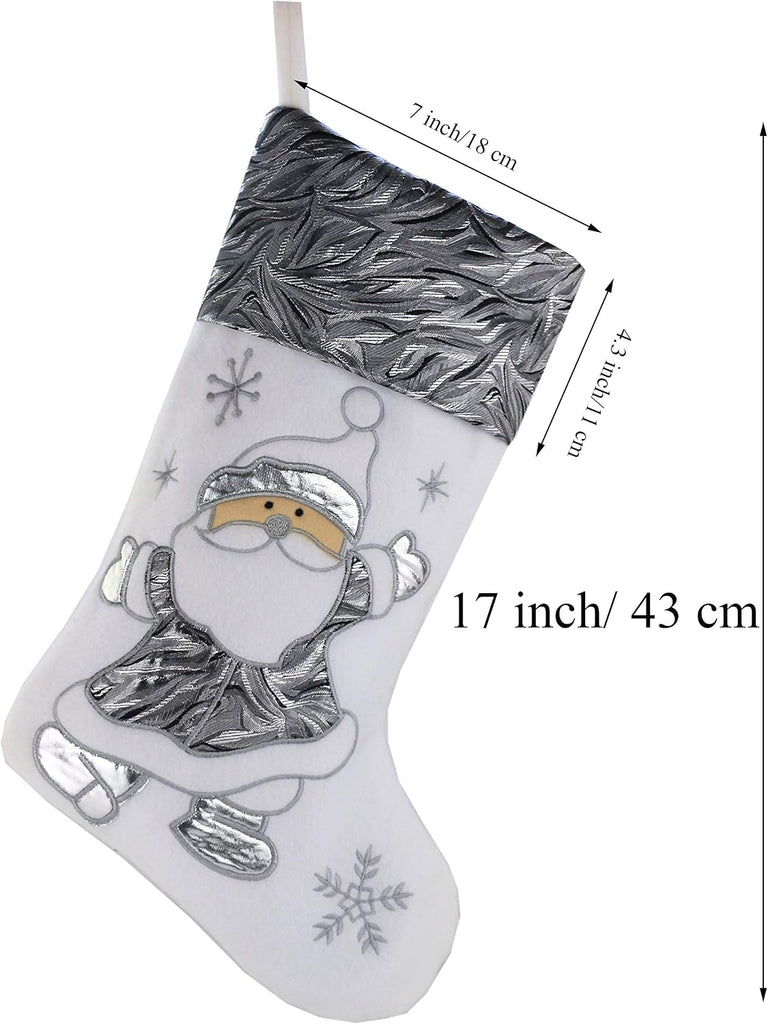 Classic White Silvery Christmas Stockings Santa, Snowman Xmas Character Fireplace Hanging Stockings 17 - Set of 2
