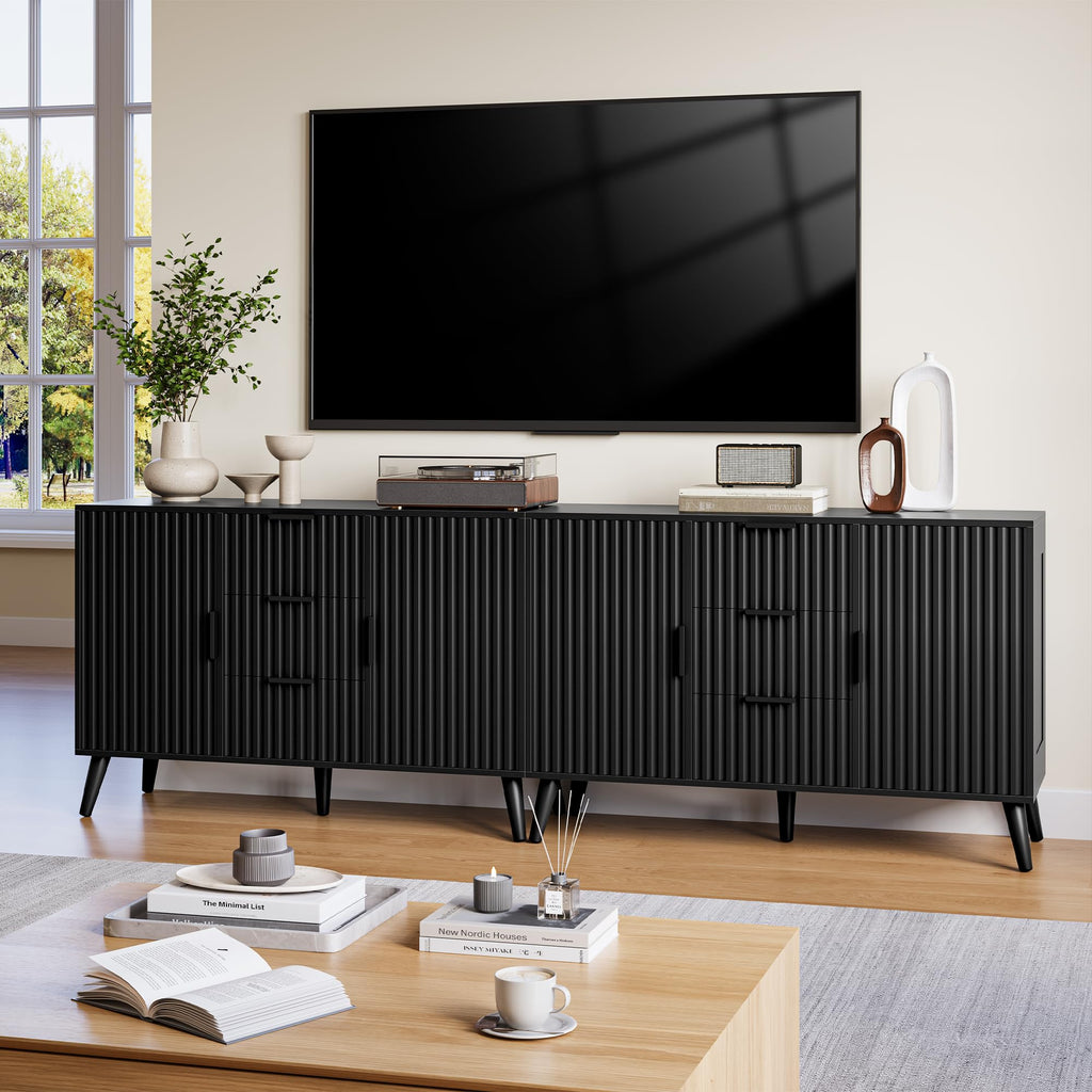 47.2" Fluted Sideboard Buffet Cabinet with 3 Drawers, Black Modern Buffet Cabinet with Storage, Large Storage