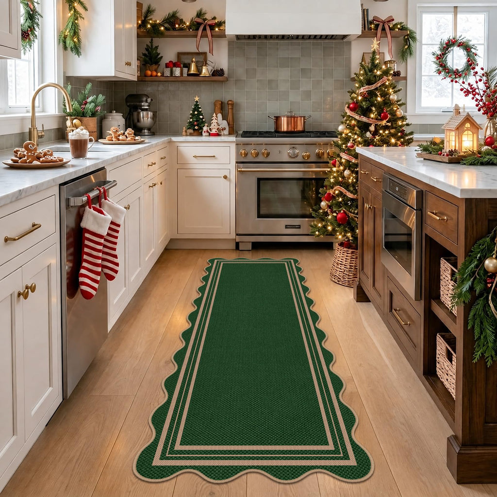 Scalloped 2x6 Christmas Runner Rug, Washable Rugs Non Slip Outdoor Indoor Green Kitchen Hallway Rug, Farmhouse Morden