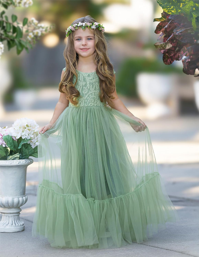 Flower Girl Dress Lace/Tulle Boho Toddler Dresses Ruffle Girl Dress for Wedding Garden Party Communion Beach