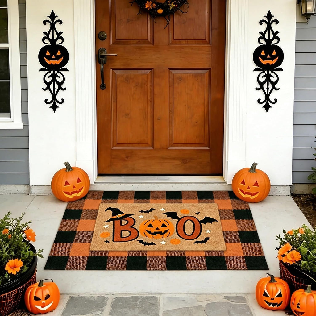 Halloween Layered Front Doormat Set, Boo! Natural Coco Coir Door Mat + 28"x43" Orange Black Buffalo Plaid Rug