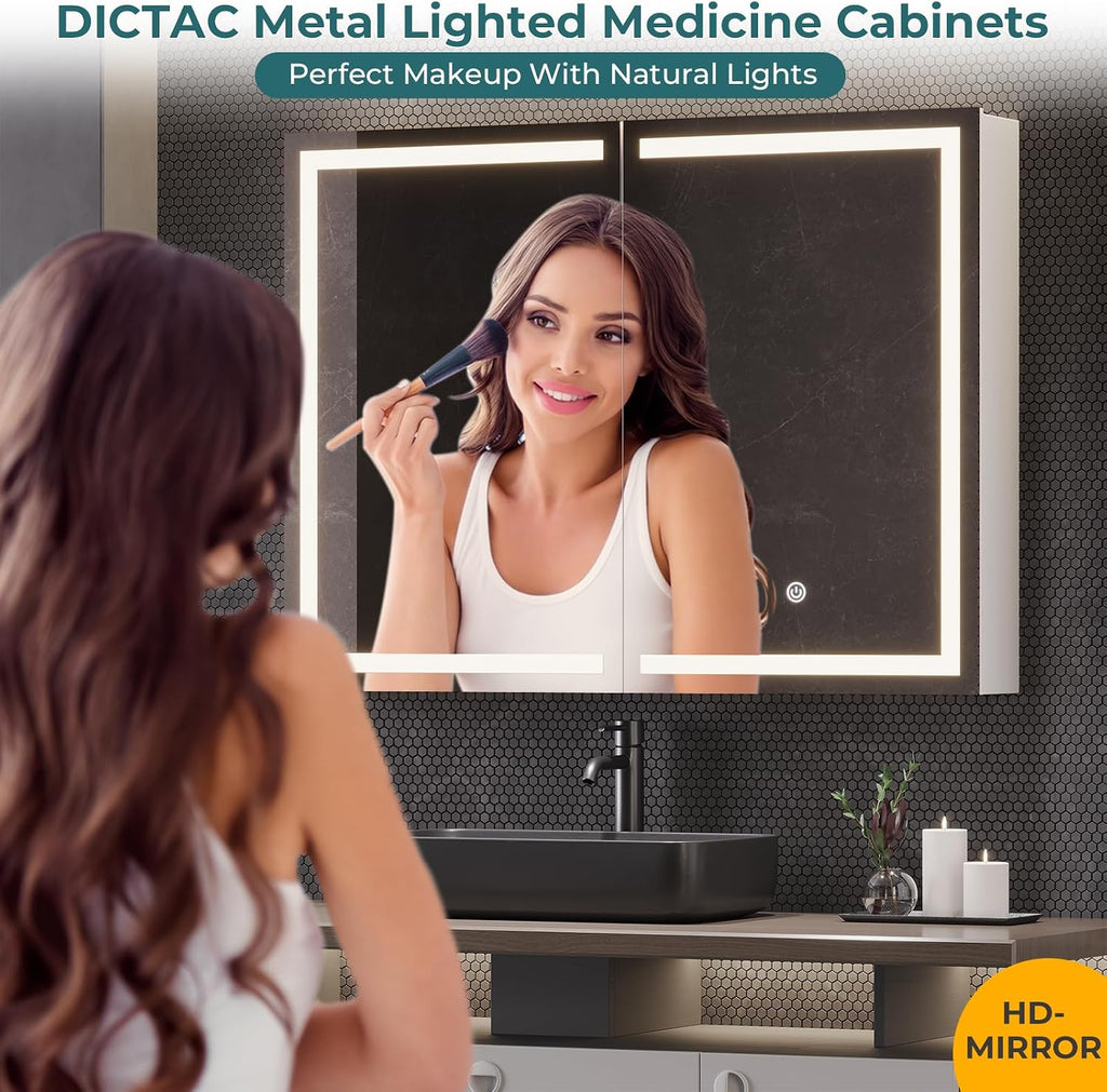 Bathroom Medicine Cabinet with Mirror and LED Light, Wall Mounted Bathroom Mirror with Storage, 2 Doors Bathroom Wall