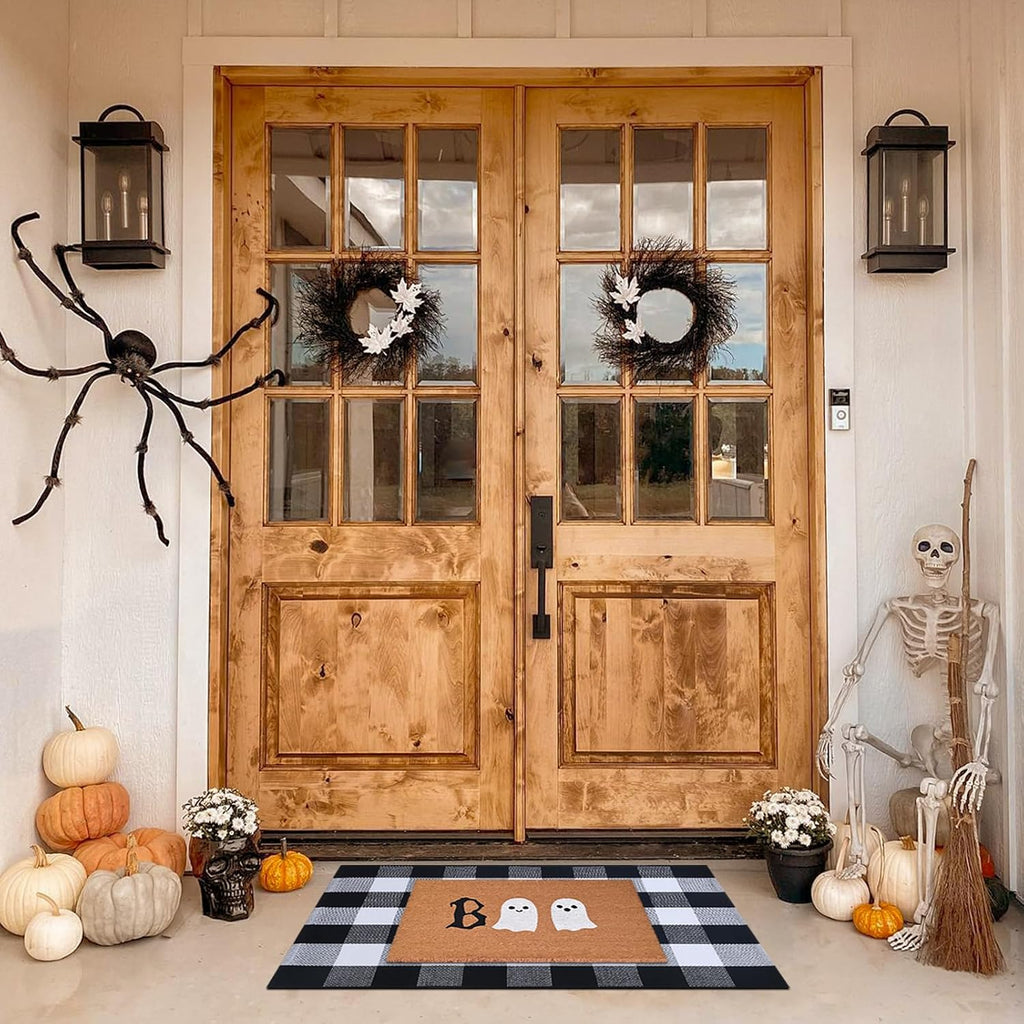 Halloween Door Mat Combo Set, Boo Ghost Coco Coir Welcome Doormat + 28" x 43" Black and White Plaid Rug, Autumn
