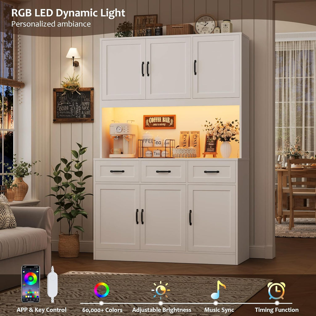 Kitchen Pantry Storage Cabinet, Tall Kitchen Hutch Cabinet, White | 47"W Food Pantry Cabinet with Smart LED /
