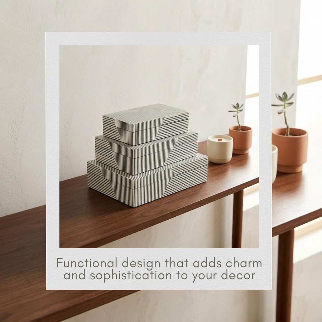 Decorative Striped Boxes with Lid Decor - Stylish Decor Box for Console Table, Jewelry Storage, or Bedroom - Set of 3