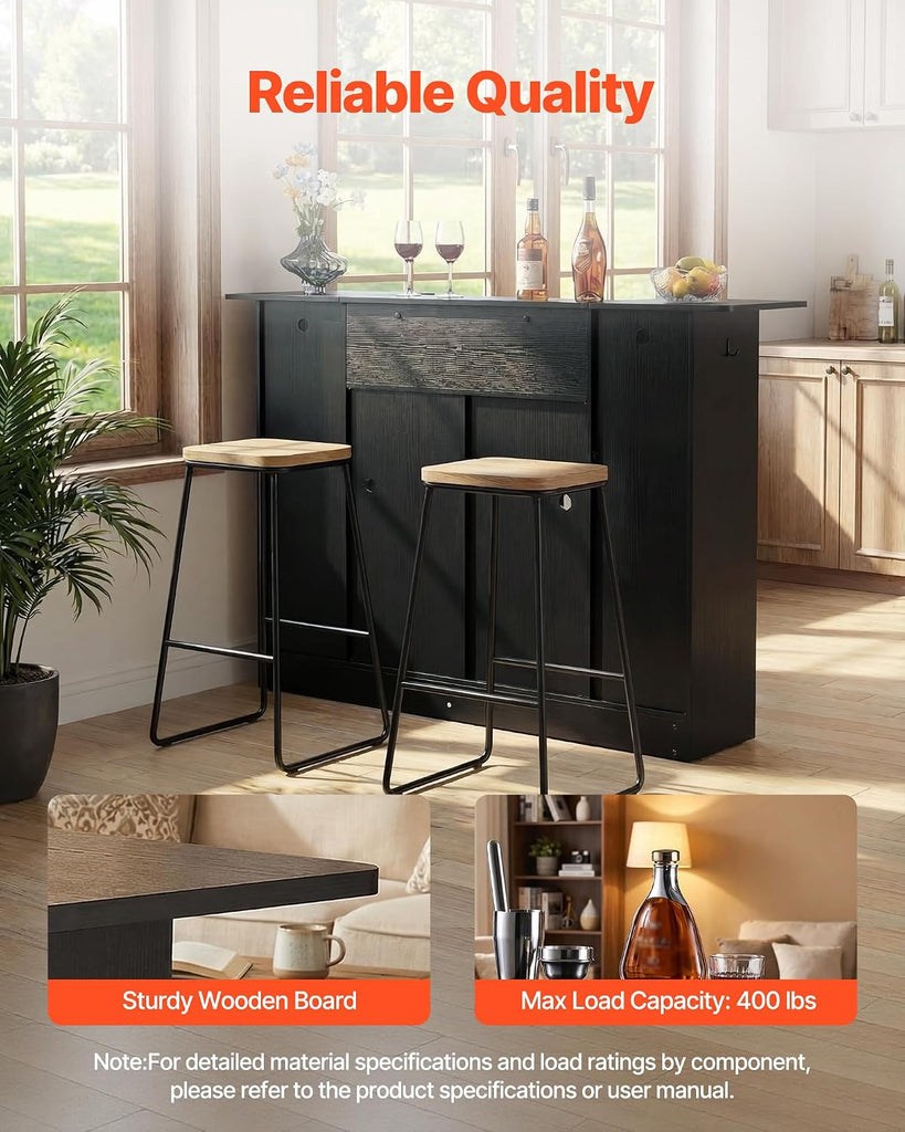 Home Bar Unit, Wine Bar Cabinet Table 4-Tier with Storage Drawer Shelves, Wine Glass Holder, Bottle Rack, LED Light