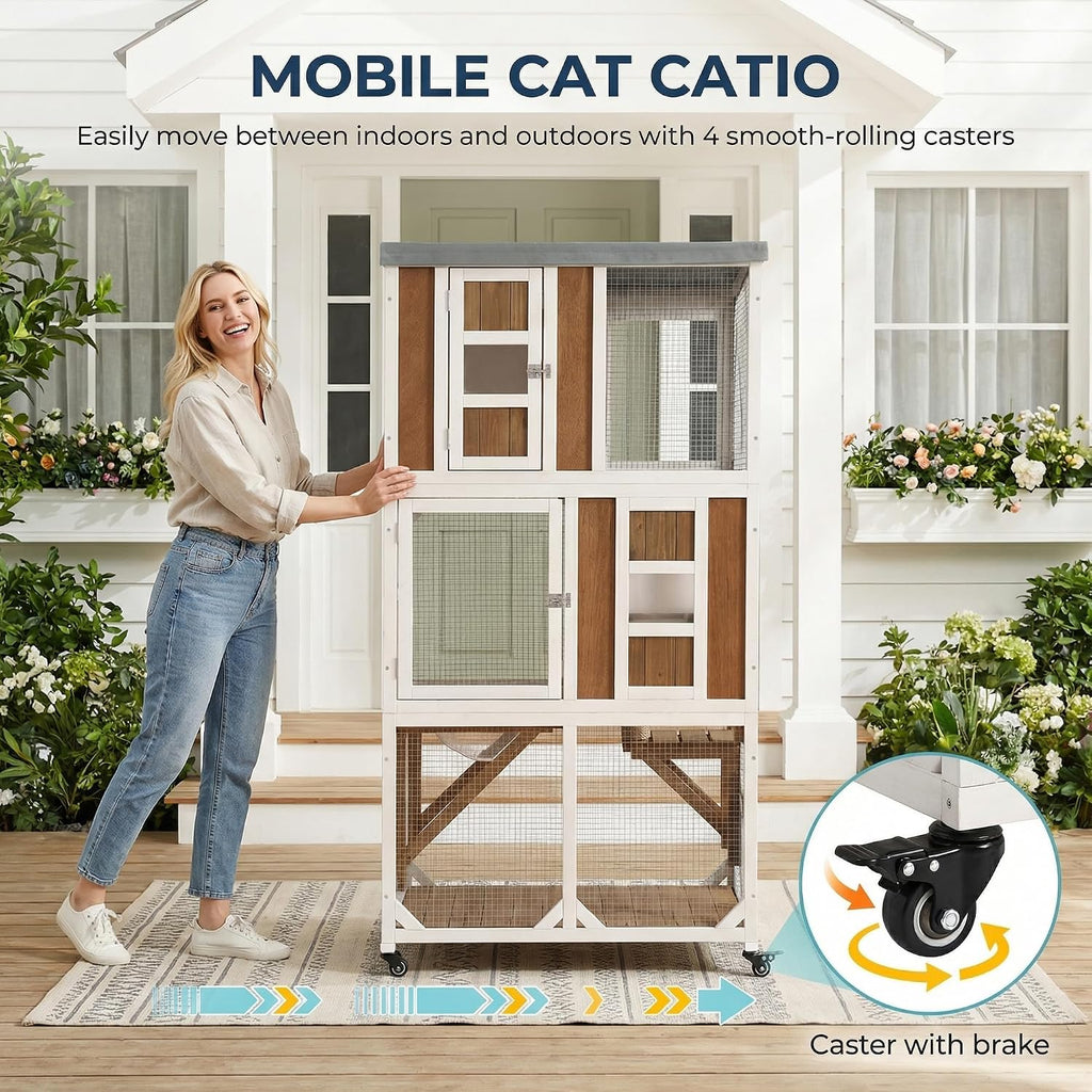 63.5" H Outdoor Cat Enclosure, Wooden Window Catio with Wheels