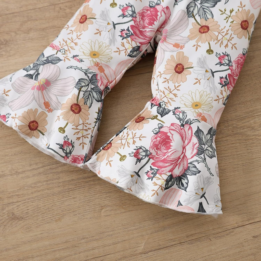 Toddler Baby Girl Fall Winter Clothes Ruffle Sleeve Sweatshirt Tops Floral Bell Bottom Pant Outfits