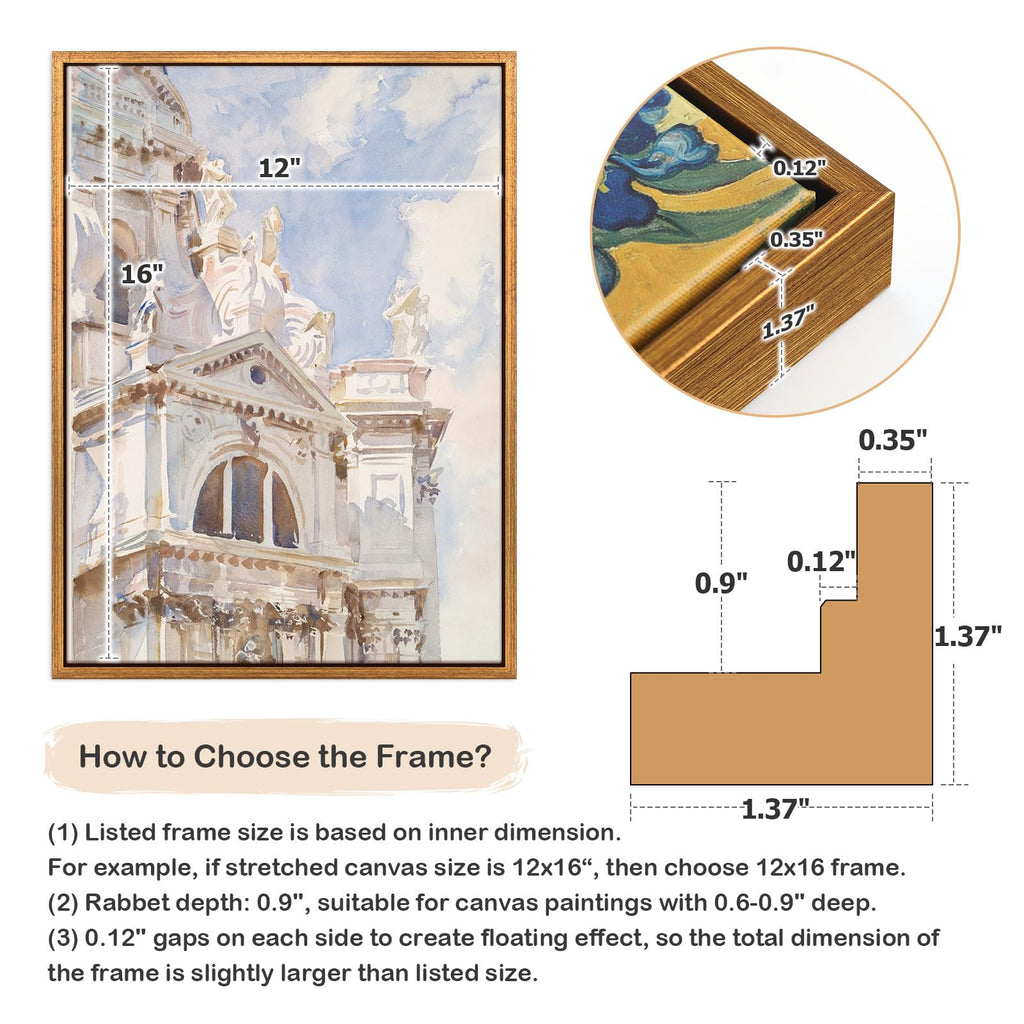 14x18 Vintage Gold Floating Frame for Canvas Paintings, 0.9" Deep