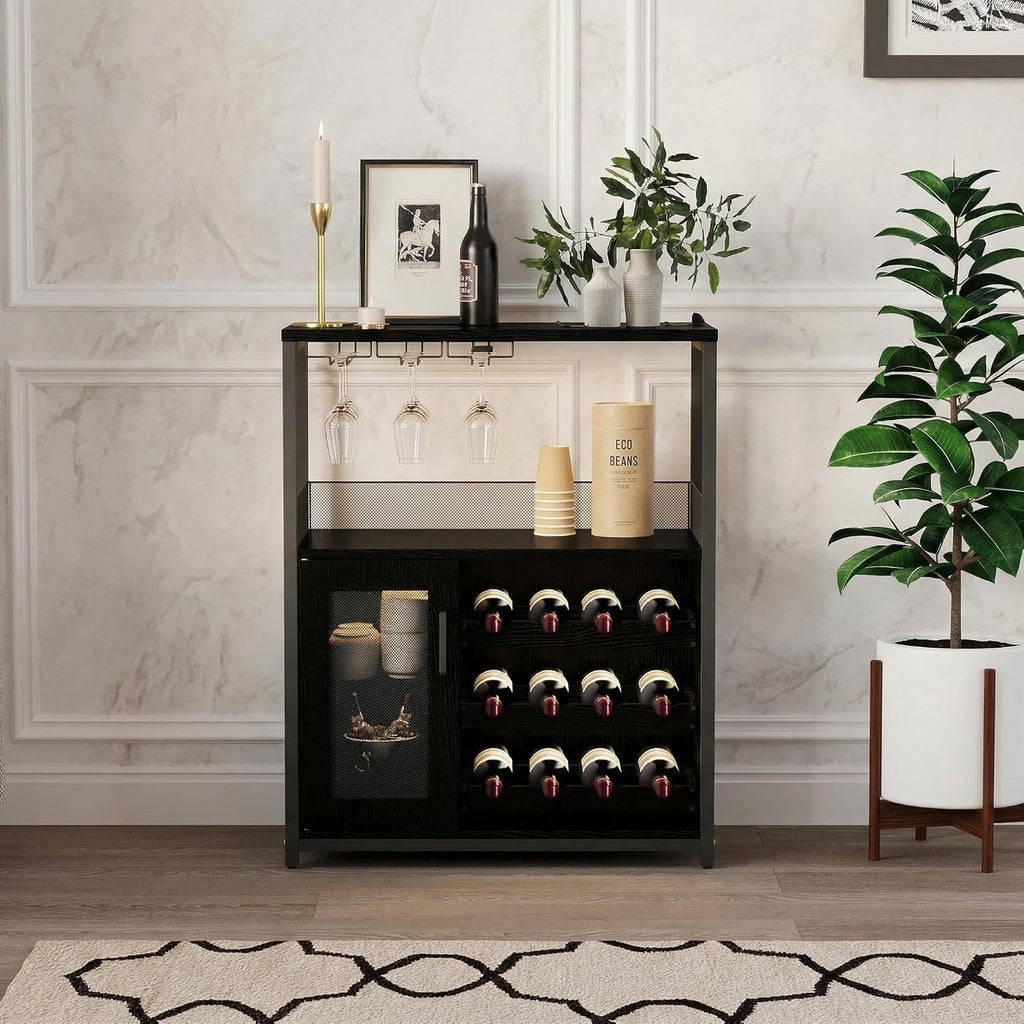 Wine Bar Cabinet, 3-Tier Removable wine rack cabinet glass holder, Mesh door adjustable shelf display cabinet bar