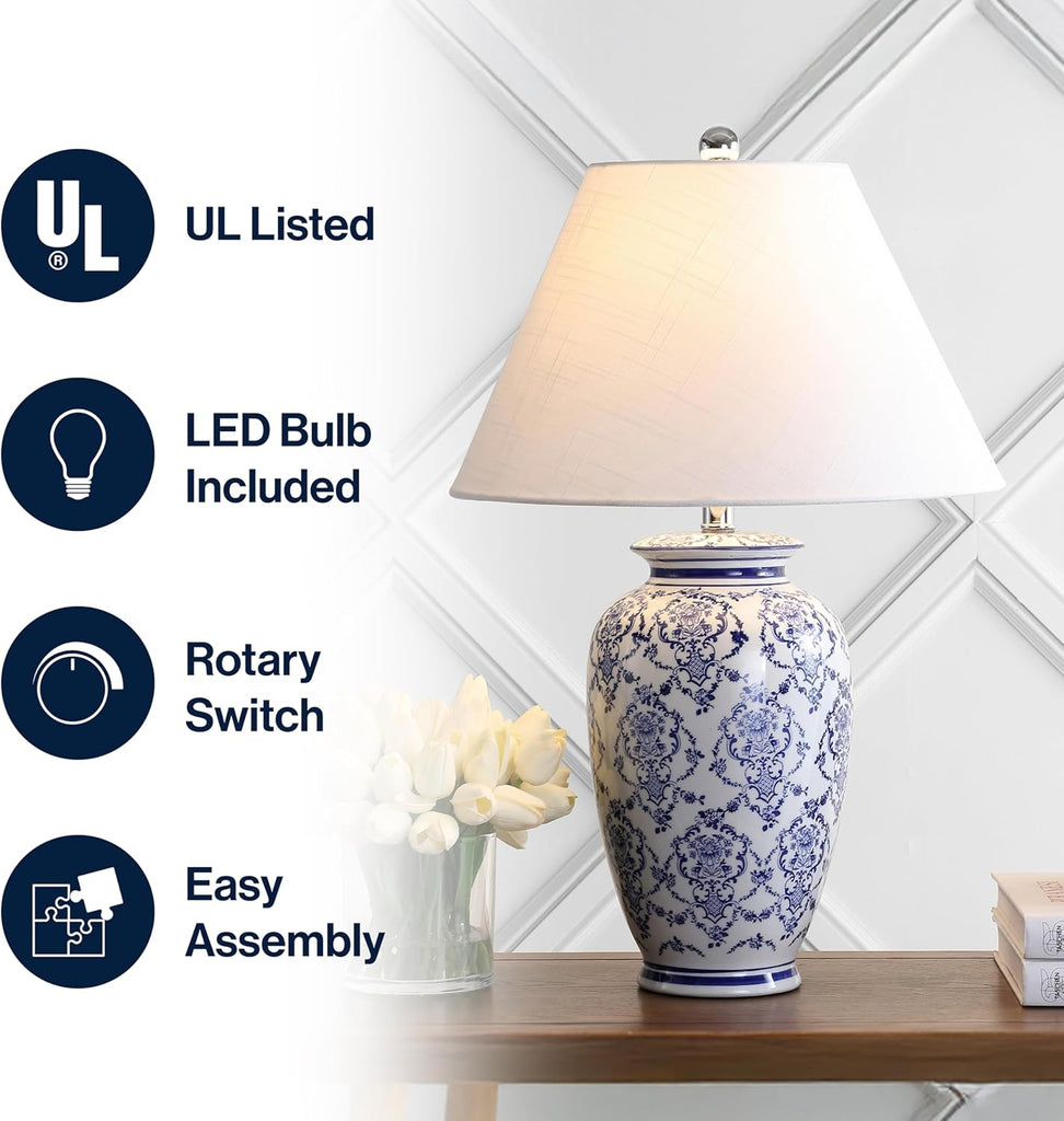 26.25" Blue/White Chinoiserie Ceramic Table Lamp, Traditional Asian-Inspired Urn Lamp Bedroom, White Linen Shade
