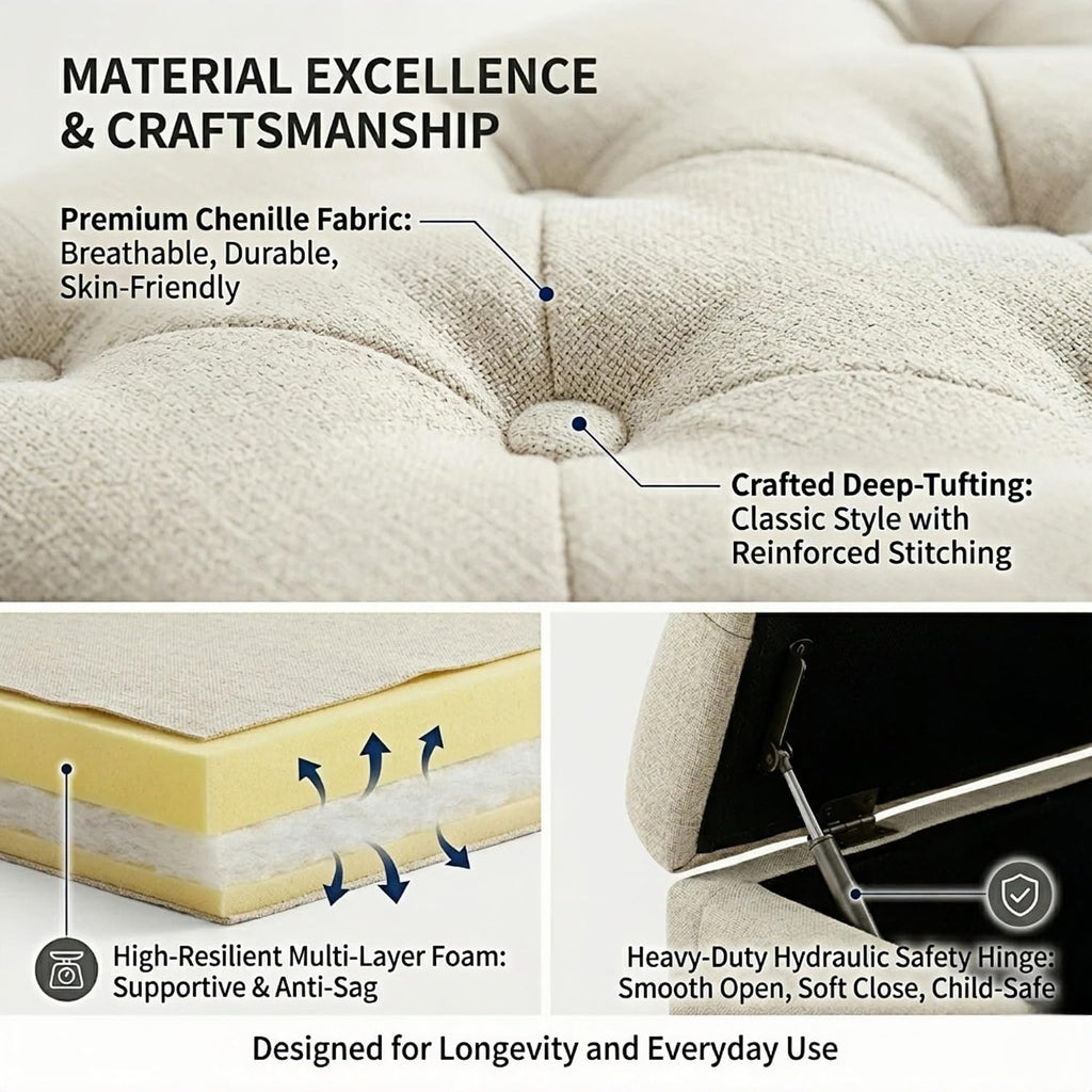 Modern Large Storage Bench Ottoman, Beige Chenille, 60 in | Oversized Long Seating, End of Foot of Bed Footstool