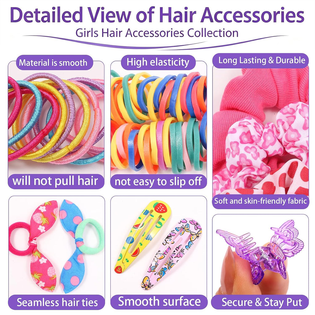 Hair Accessories for Toddler Girls,463 Pcs Colorful Hair Ties Set with 26 Pcs Hair Clips,Cute Scrunchies,Butterfly