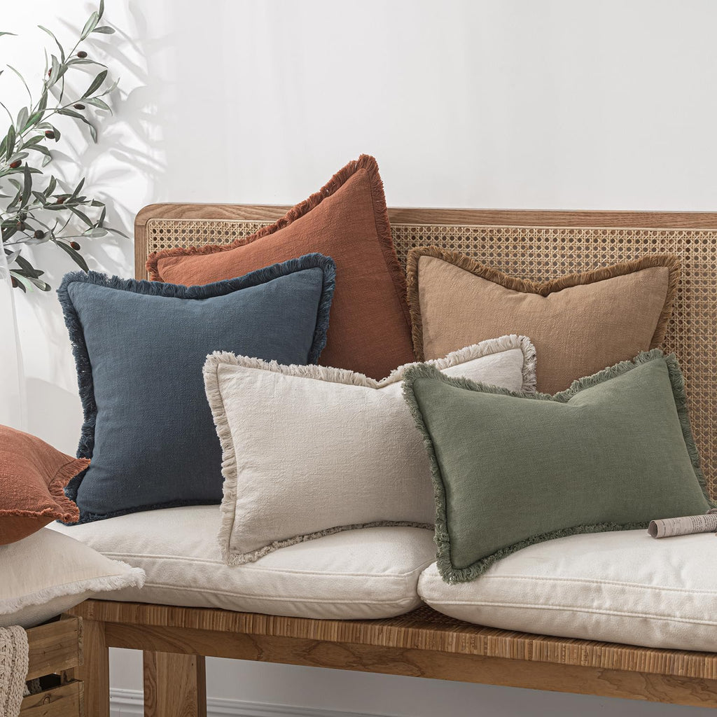 Decorative Throw Pillow Covers Neutral Linen Fringe Throw Pillows Euro Shams Set of 2 Natural Beige Boho Farmhouse
