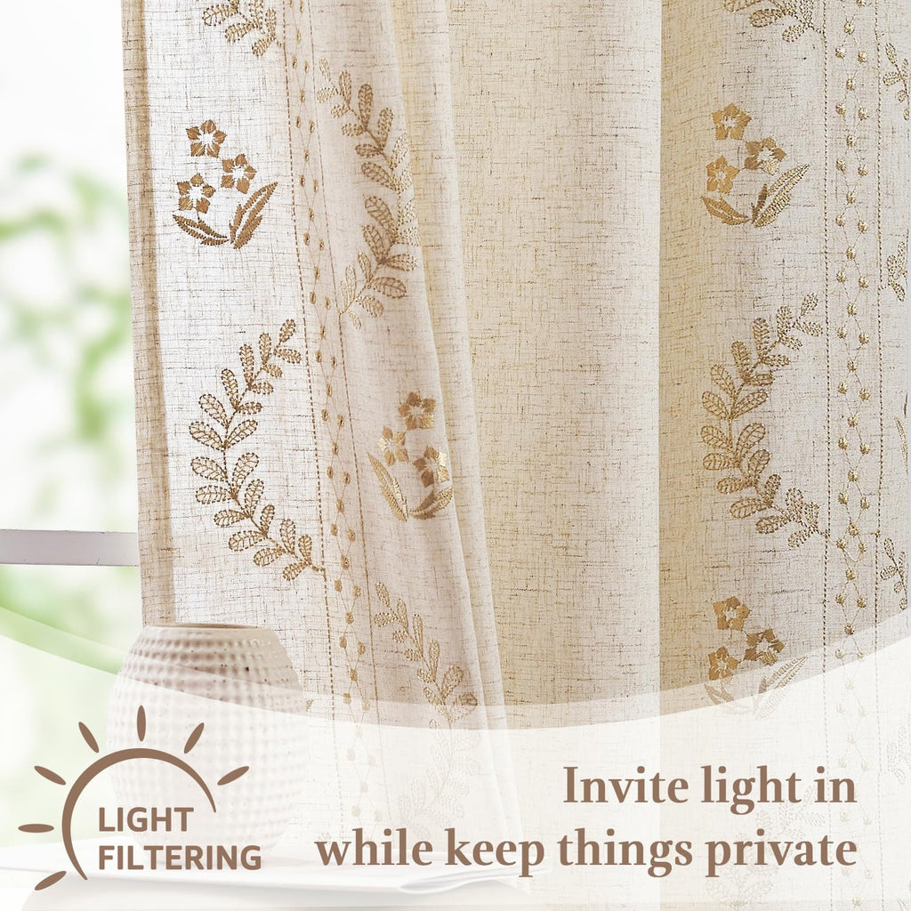 Linen Floral Kitchen Curtains 36 inch Length Embroidered Farmhouse Cafe Curtains for Living Room Bathroom