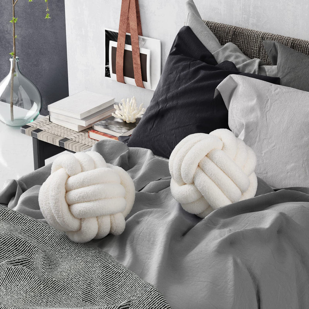 2 Pcs Knot Pillows Home Decorative Round Ball Throw Plush Pillows Boucle Knotted Circle Soft Pillows Cushion for Room